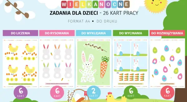 Wielkanocne karty pracy dla dzieci: liczenie, rysowanie, wyklejanie, wycinanie i rozwiązywanie zadań. Króliczki, kurki i pisanki.