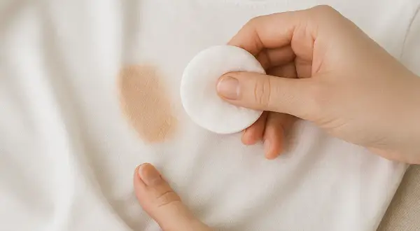 Mano aplicando disco de algodón sobre mancha de maquillaje en camiseta blanca. Aprende como quitar manchas de maquillaje de la ropa.