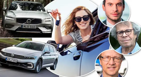 Glad kvinna med bilnycklar, Volvo och VW Passat. Experter diskuterar troligen bensinsnålaste bilen.