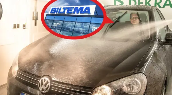 Biltema-logotypen syns över en bil som tvättas. Dags att byta torkarblad biltema?