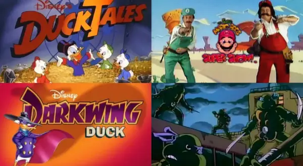 En collage med kända barnfilmer från 90-talet: DuckTales, Super Mario Bros. Super Show!, Darkwing Duck och Teenage Mutant Ninja Turtles.