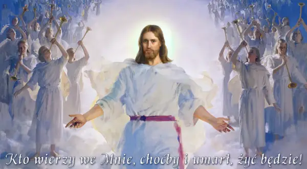 Jezus w otoczeniu aniołów grających na trąbach, zapraszający do życia wiecznego. Tak może wyglądać czyściec.