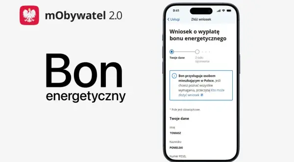 Aplikacja mObywatel 2.0 umożliwia złożenie wniosku o bon energetyczny 2026. Widoczny jest formularz z danymi wnioskodawcy.