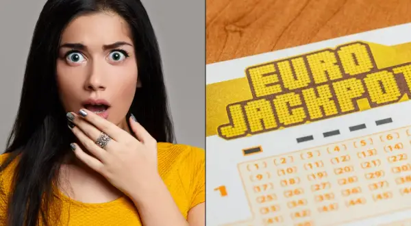 Zaskoczona kobieta obok kuponu Eurojackpot.