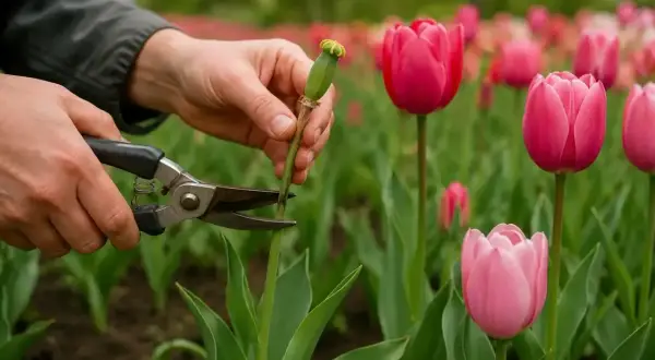 Ręce przycinają sekatorami łodygę z nasionami tulipanów po przekwitnięciu. W tle kwitnące, różowe tulipany.