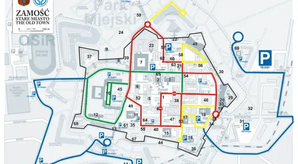 Mapa Zamościa z zaznaczonymi trasami spacerowymi i parkingami. Odkryj **Zamość atrakcje** i zaplanuj zwiedzanie.