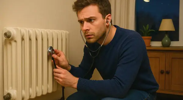 Uomo con stetoscopio ascolta un termosifone spento, preoccupato per il rumore dell'acqua.
