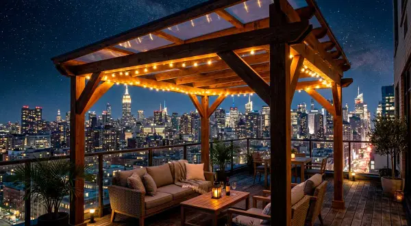 Terraza con pérgola fotovoltaica, muebles de exterior y vistas nocturnas de la ciudad.