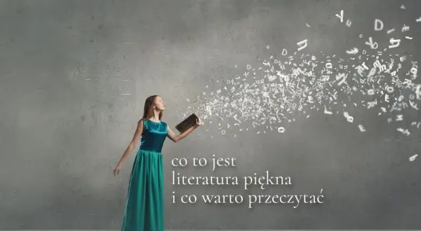 Dziewczyna w sukni wypuszcza z książki litery, tworząc wir słów. To inspiracja do odkrywania literatury pięknej.