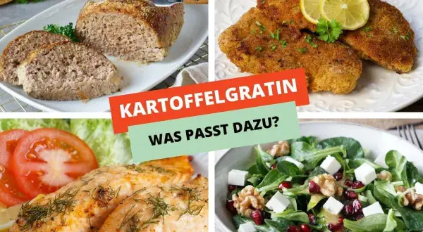 Vier Bilder zeigen verschiedene Gerichte: Hackbraten, paniertes Schnitzel, Lachsfilet und Salat. Perfekt für Kartoffeln Rezepte!