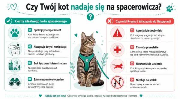 Kot w szelkach na smyczy, obok wskazówki, jak oswoić kota z podwórka: cechy idealnego spacerowicza i czynniki ryzyka.