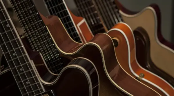 Rząd gitar z drewna, w tym 12-strunowa, świadczy o kunszcie francuskiego producenta gitar.