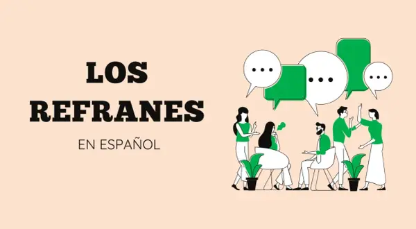 Ilustración de personas conversando bajo globos de diálogo, con el texto "Los refranes en español".