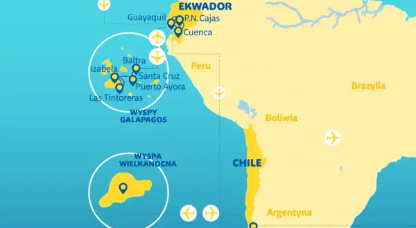 Mapa Ekwadoru i wysp Galapagos, z zaznaczonymi lotniskami i trasami podróży. Planujesz galapagos wycieczka?