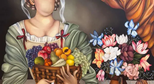 A faceless figure holds a basket of fruit, a vibrant bouquet beside them. This artwork showcases the talent of up and coming artists.