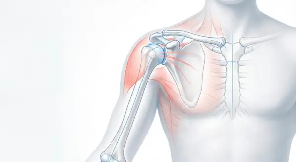 Schulteransicht mit Knochen und Muskeln, der musculus deltoideus ist rot hervorgehoben.