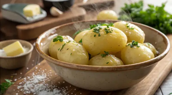 Dampfende Salzkartoffeln, frisch gekocht und mit Petersilie bestreut, warten in einer Schüssel auf Butter und Salz.