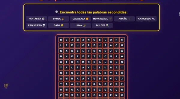 Sopa de letras infantil de Halloween con palabras como fantasma, bruja y dulces. ¡A buscar!