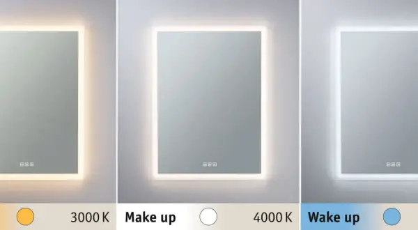 Trzy lustra z podświetleniem LED pokazują różne barwy światła: ciepłą (3000K), neutralną (4000K) i zimną (6500K). 4000K jaka to barwa? Neutralna, idealna do makijażu.