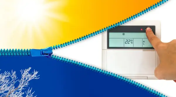 Un doigt appuie sur un thermostat affichant 22°C, symbolisant le contrôle du climat. Une fermeture éclair bleue sépare un soleil éclatant d'un paysage hivernal givré.
