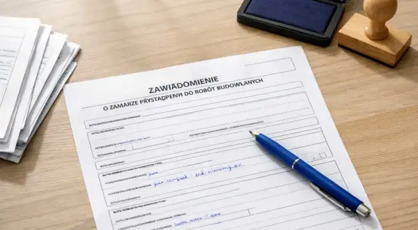 Formularz zawiadomienia o robotach budowlanych, długopis i pieczątka. Brak zgłoszenia rozpoczęcia budowy może skutkować karą.