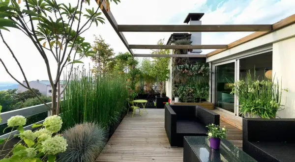 Arredare terrazzo 30 mq con mobili neri, piante verdi, un giardino verticale e un pergolato in legno.