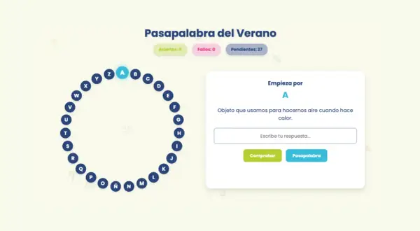 Juego "Pasapalabra del Verano". La letra A está seleccionada, la pista es "Objeto que usamos para hacernos aire cuando hace calor".