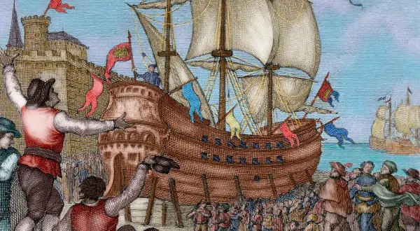 Wielki statek, być może ten, na którym podróżował Magellan, przygotowuje się do wypłynięcia. Tłum ludzi żegna się z załogą.