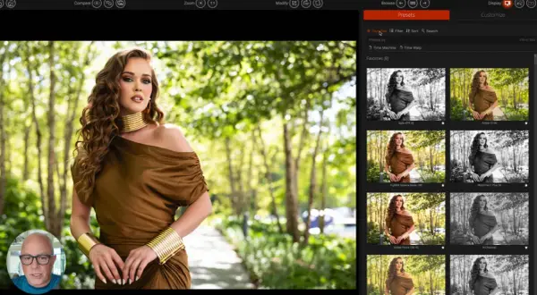A woman in a brown dress and gold jewelry poses outdoors, with a grid of photo editing presets on the right.