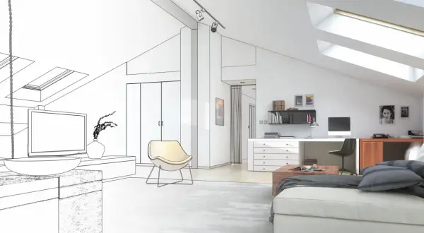 Idee per una camera da letto in mansarda: un ambiente moderno con scrivania, divano e lucernari.