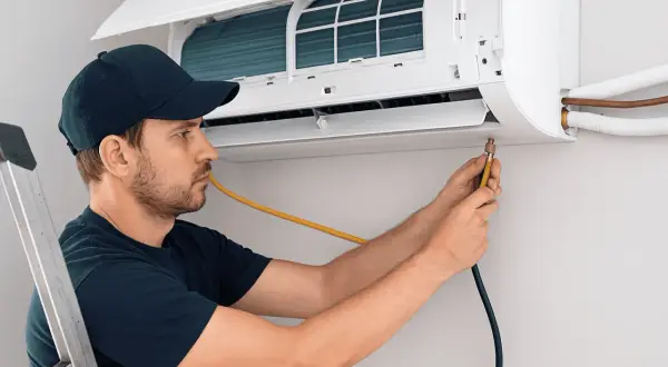 Técnico instalando aire acondicionado, conectando manguera amarilla a la unidad interior.