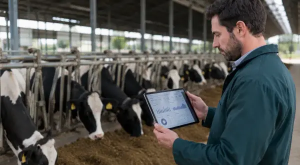 Uomo con tablet in una stalla di mucche, monitora dati zootecnici per ottimizzare la produzione.