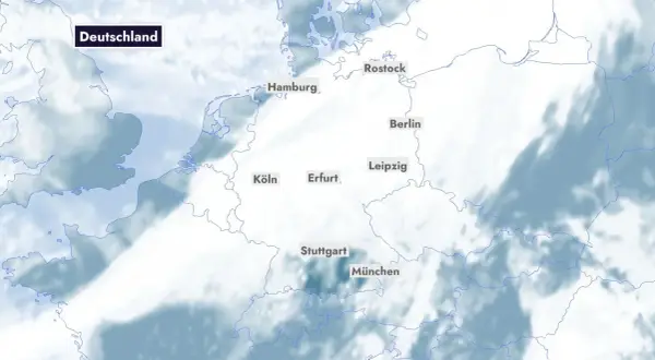Wetterkarte von Deutschland mit Städten wie Berlin, Hamburg, Köln. Der Pilot gibt eine Ansage zum Wetter.
