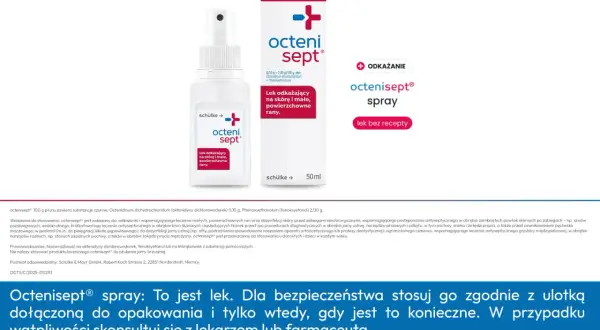 Octenisept spray do odkażania ran i skóry. Pomoże na stłuczenia i drobne skaleczenia. Lek bez recepty.