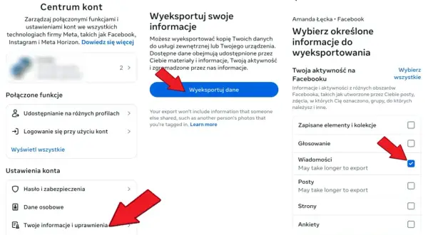 Jak przywrócić wiadomości Messenger na nowym telefonie? Wybierz "Wiadomości" do eksportu danych z konta Meta.
