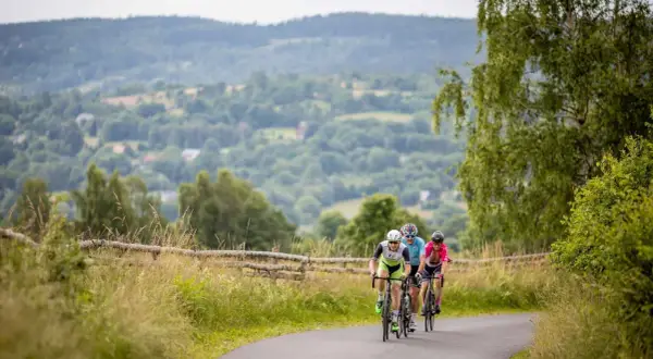 Trzech rowerzystów jedzie po asfaltowej drodze wśród zielonych wzgórz.