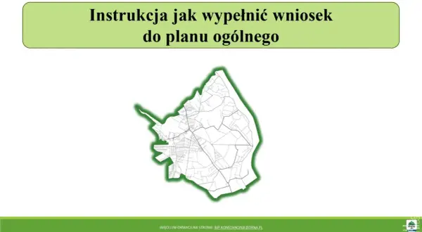 Mapa z zaznaczonym obszarem i instrukcją wypełnienia wniosku do planu ogólnego. Konkluzja: zrozumienie procesu.