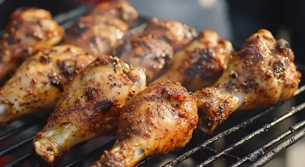 Grillade kycklingklubbor med kryddig jerk chicken-marinad som ryker på grillgallret.