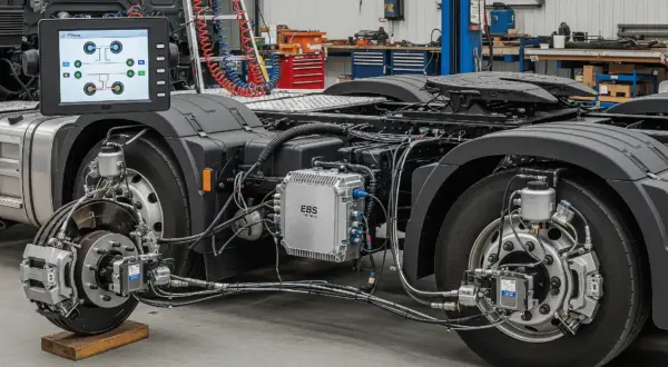 System EBS (Electronic Braking System) w ciężarówce. Monitor pokazuje schemat hamulców, a na ramie widoczny jest moduł sterujący.