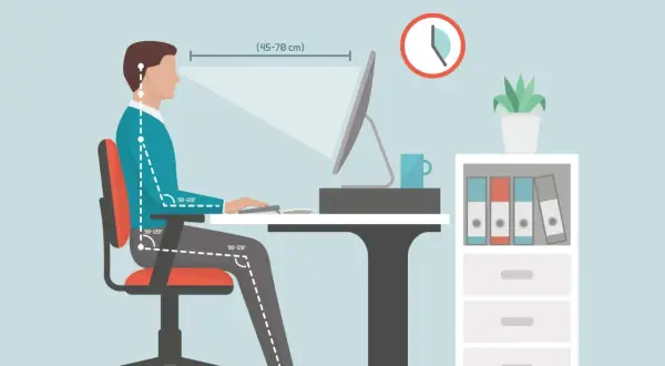 Illustration d'un aménagement de poste médecine du travail, montrant les angles idéaux pour une bonne posture assise devant un ordinateur.