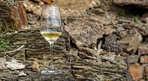 Ein Glas Weißwein steht auf schieferigem **Weinboden**. Die raue Gesteinslandschaft bildet einen starken Kontrast zum edlen Tropfen.