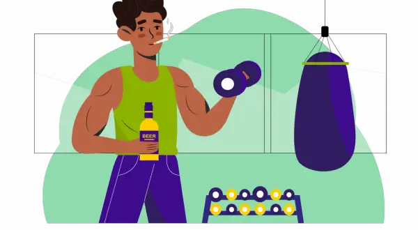 Mann mit Zigarette und Bierflasche trainiert im Fitnessstudio. Nikotin und Alkohol sind keine Freunde des Muskelaufbaus.
