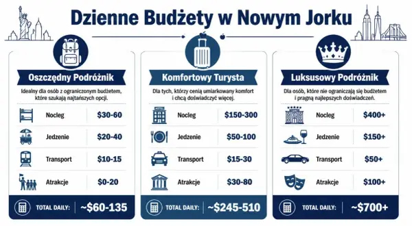 Ile kosztuje wycieczka do Nowego Jorku? Tabela pokazuje dzienne budżety: oszczędny (~$60-135), komfortowy (~$245-510) i luksusowy (~$700+).