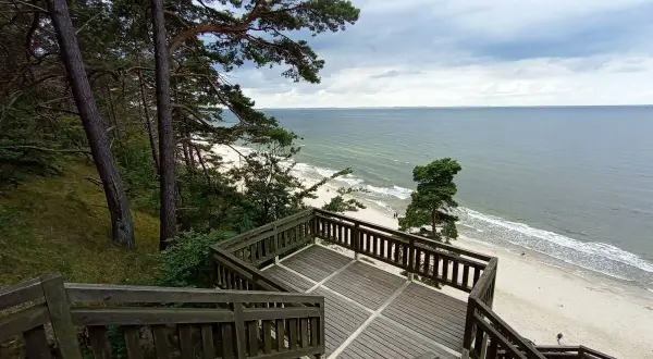 Drewniane schody prowadzą na plażę nad Bałtykiem. Widok z **Kawczej Góry w Międzyzdrojach** na morze i las.