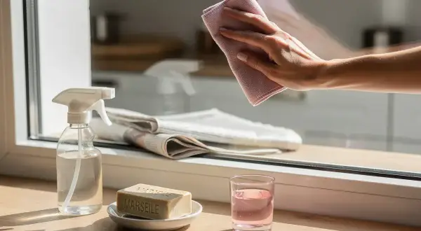 Mano che pulisce un vetro con un panno rosa, mostrando come pulire i vetri senza aloni con sapone di Marsiglia e spray.