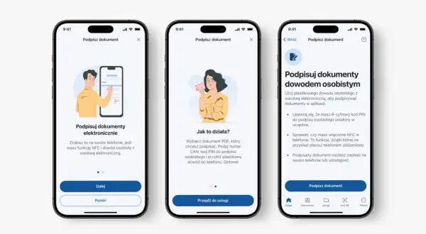 Aplikacja umożliwia podpisuj dokumenty dowodem osobistym. Użyj swojego dowodu z warstwą elektroniczną, by podpisać dokumenty.