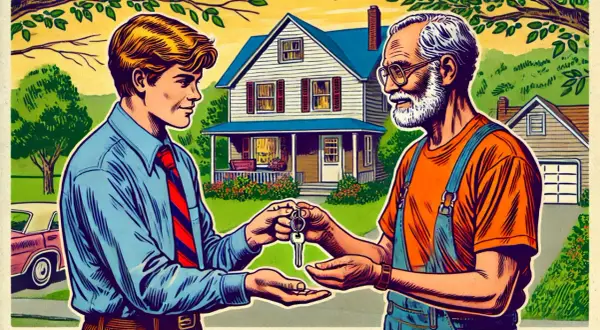 Un nonno consegna le chiavi di casa al nipote. Una scena che simboleggia la donazione ai nipoti e non ai figli.