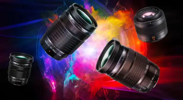 Four Olympus camera lenses, including the best 4/3 lenses, are showcased against a vibrant, abstract background.