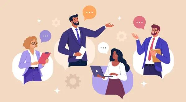 Persone in abiti eleganti che comunicano in modo efficace, con fumetti che simboleggiano la comunicazione corporate.