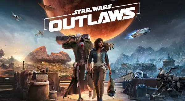 Postapokaliptyczny krajobraz z dwoma postaciami i statkami kosmicznymi w tle, logo Star Wars Outlaws.